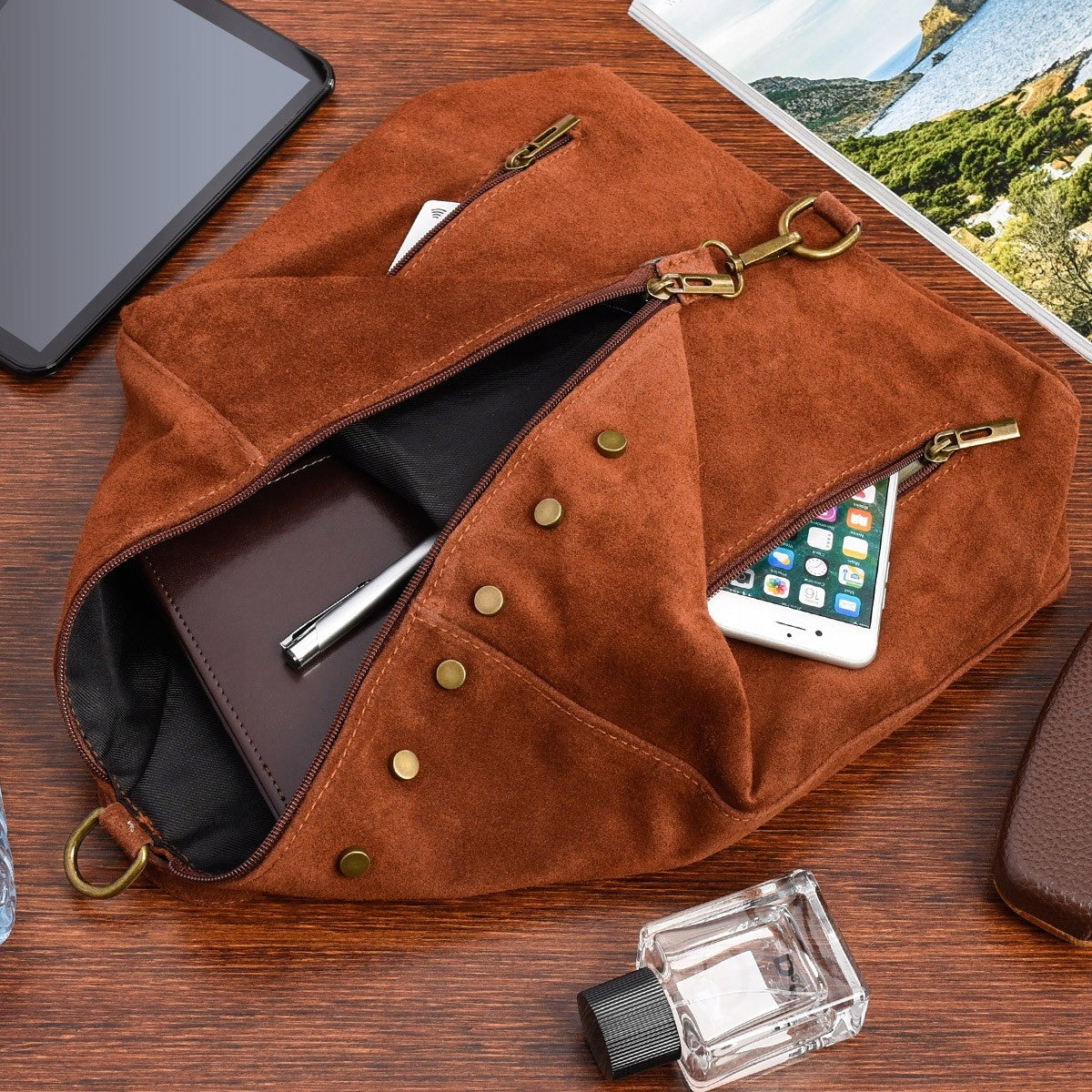 Cognac Women's Suede Leather Shoulder Backpack Italian W14 Packaging status original