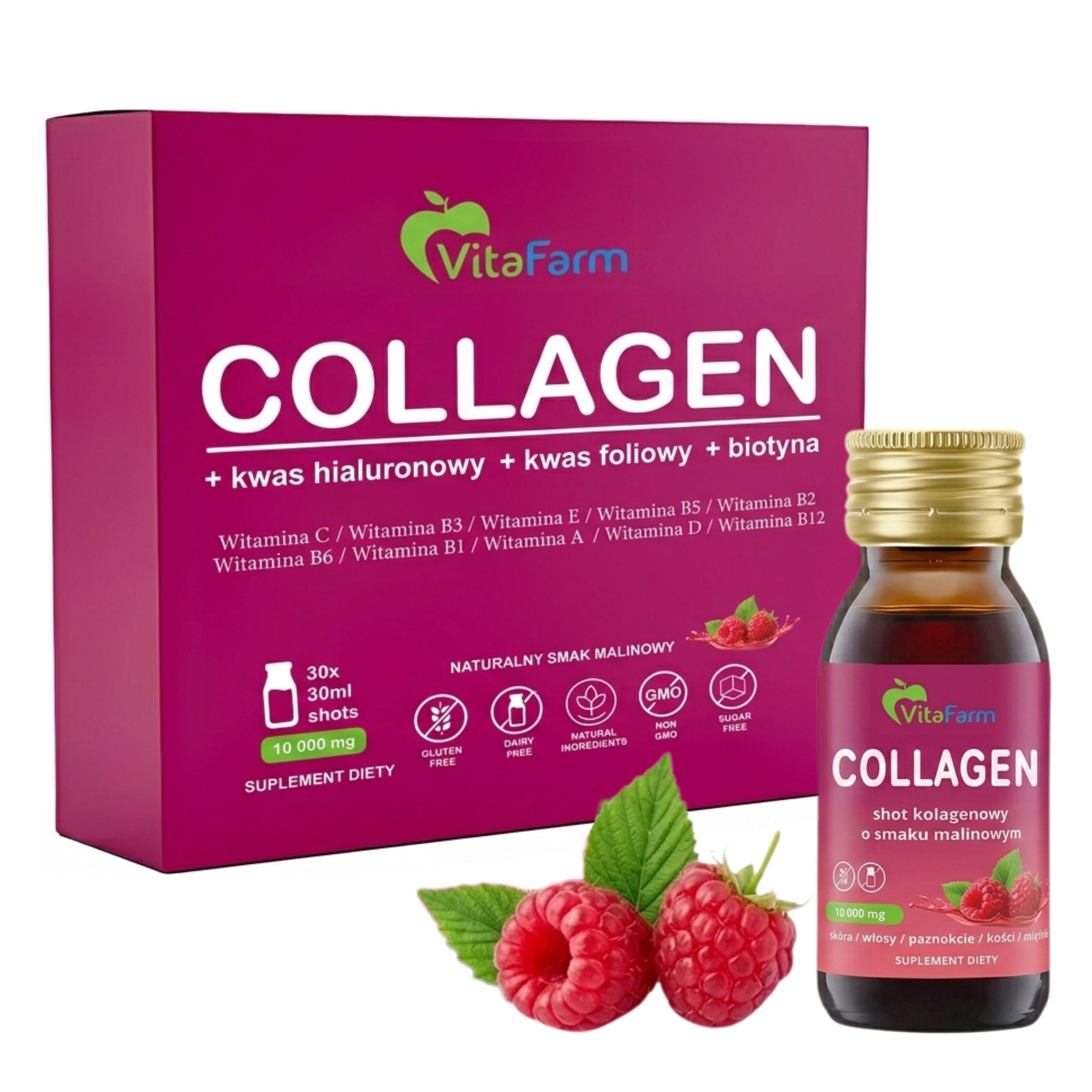 Collagen 10000 mg for drinking Raspberry 30 x 30 ml SHOT for nails hair joints