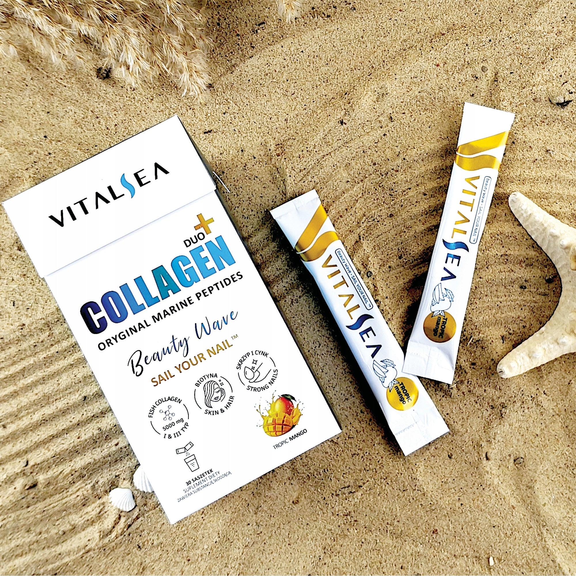 Collagen For Drinking Fish Powder Biotin Zinc Horsetail VitalSea Mango 30pcs Packaging status original