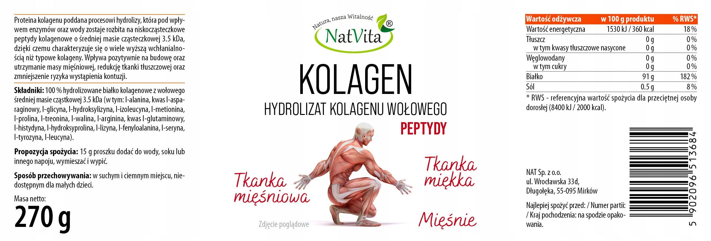 Collagen Hydrolyzate Peptides Muscle Bone Joints Skin Powder 270g NatVita Packaging status original