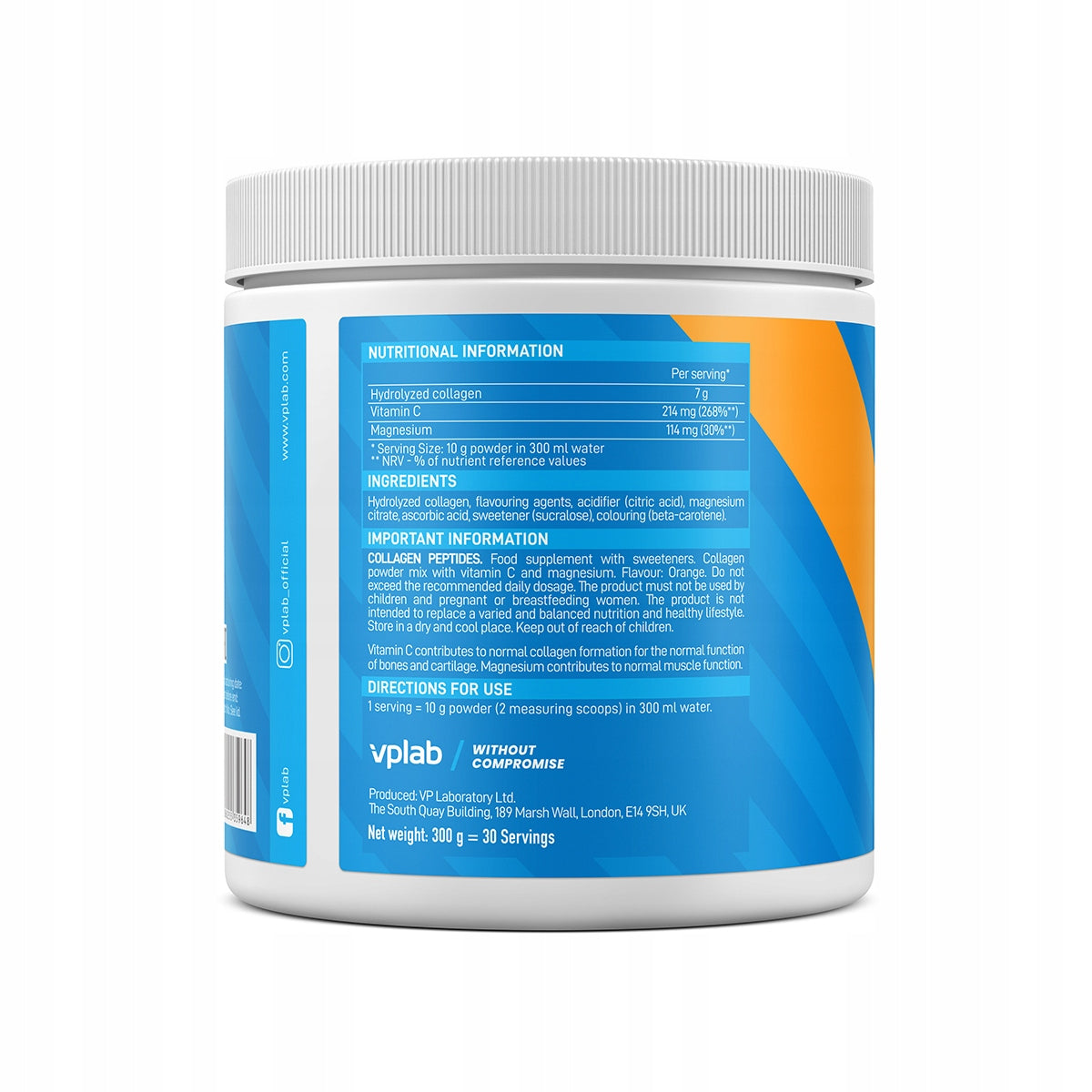 Collagen Powder VPlab 300g Orange Flavour 30 Portions Vitamin C + Magnesium Manufacturer code 5060255359648