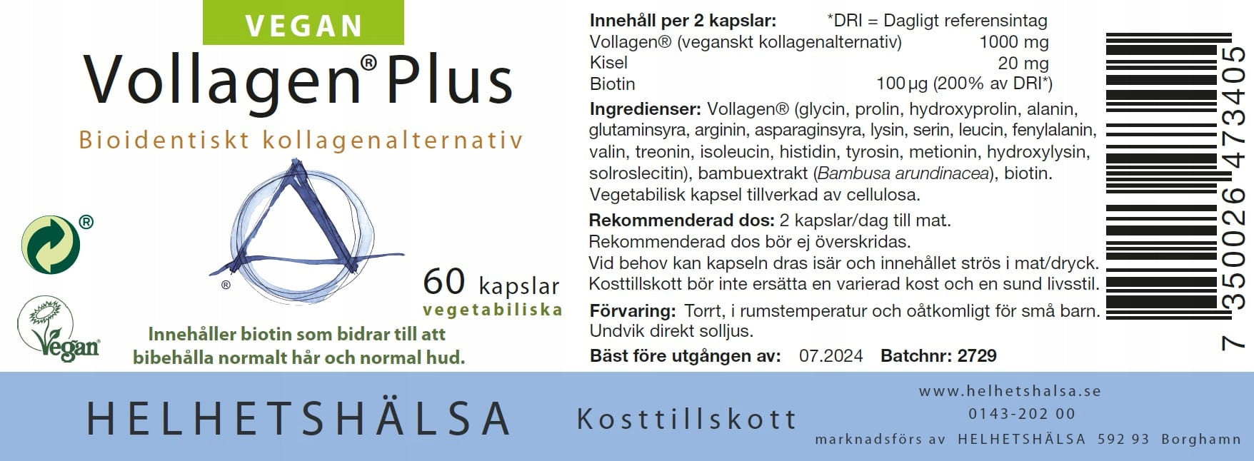 Collagen vegetarian + Biotin 60caps Helhetshalsa EAN (GTIN) 7350026473405