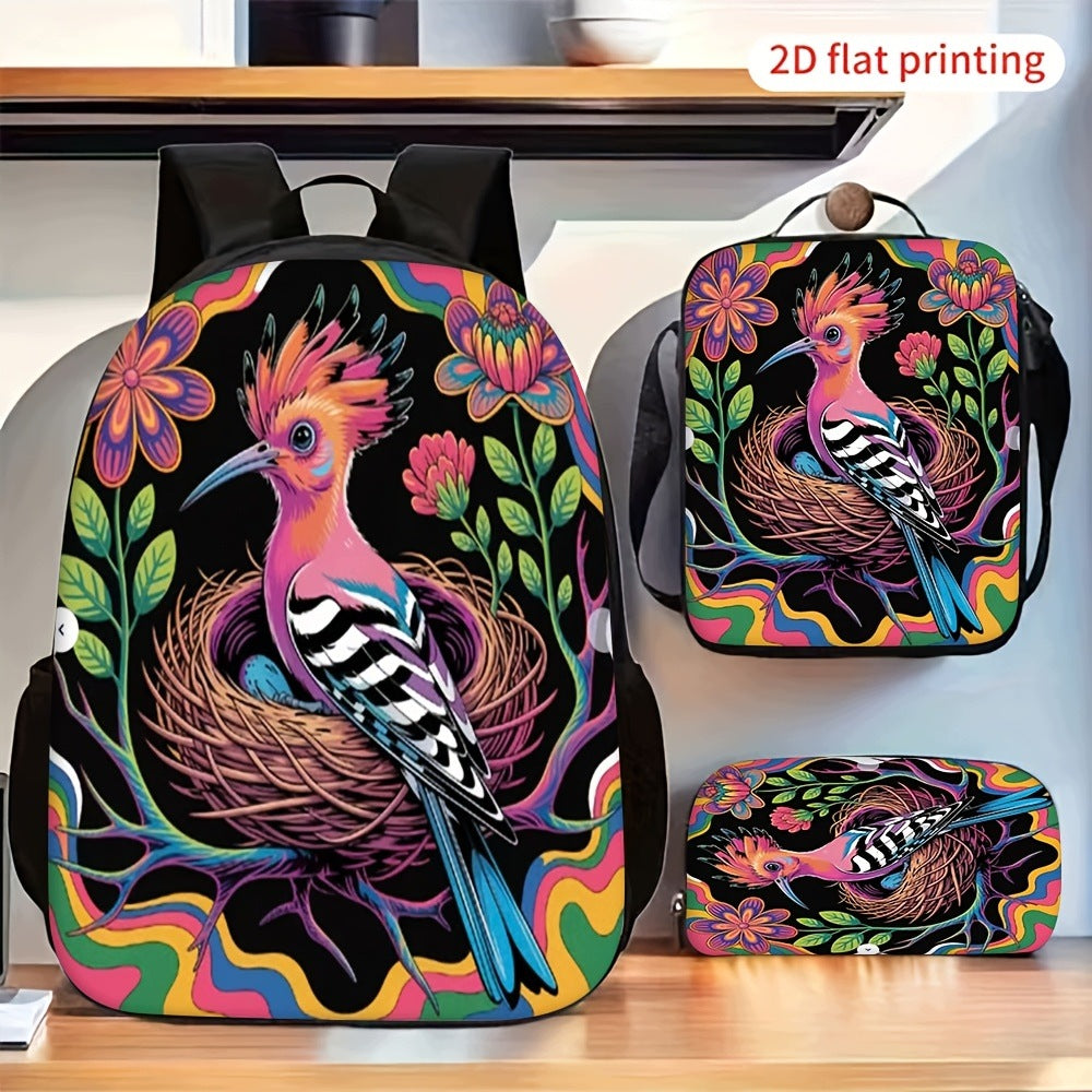 Colorful Art Abstract Hoopoe Bird Nest Backpack Set Crossbody Bag Pencil Case