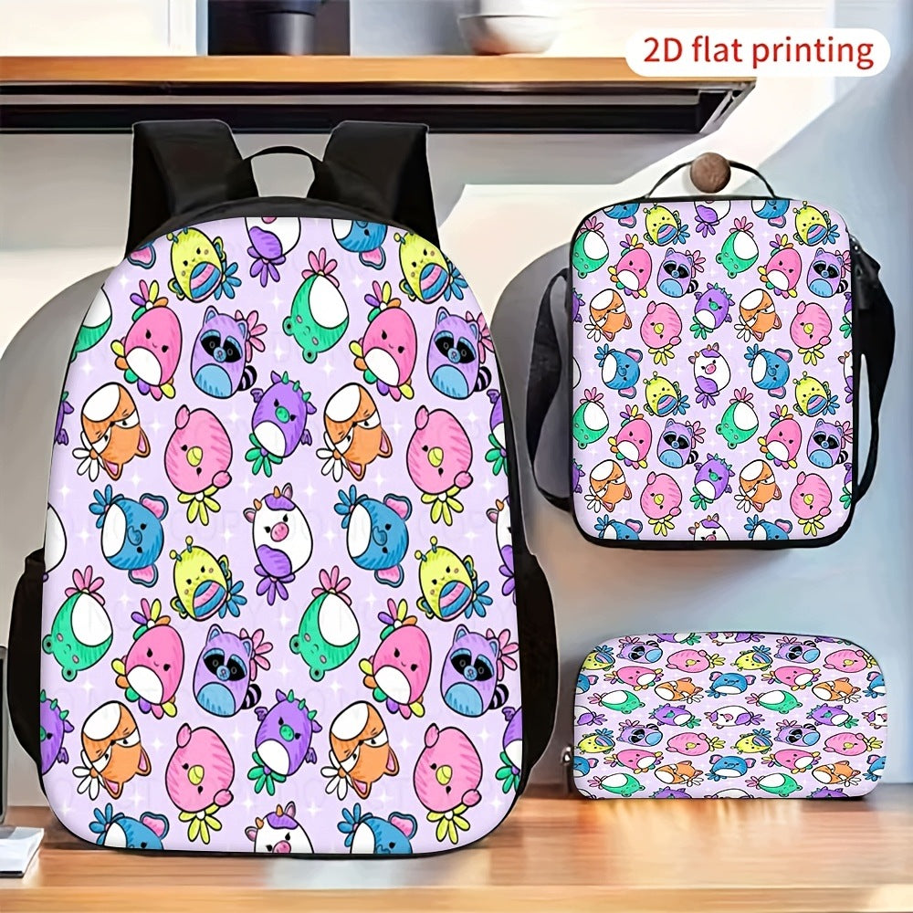 Colorful Cartoon Animal 3-Piece Backpack Set with Crossbody Bag and Pouch