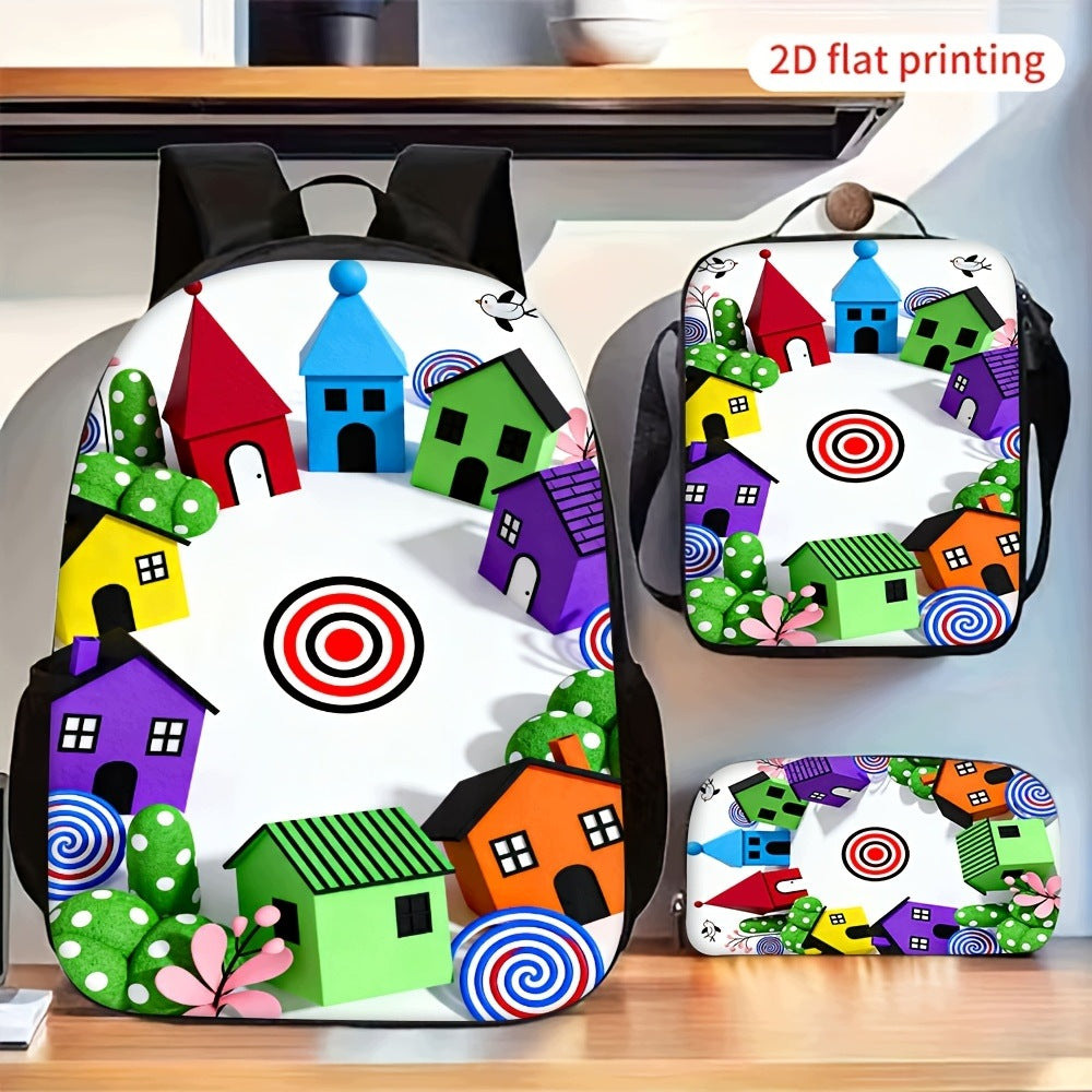 Colorful Cartoon House Target Pattern Backpack Set with Matching Bag and Pencil Case