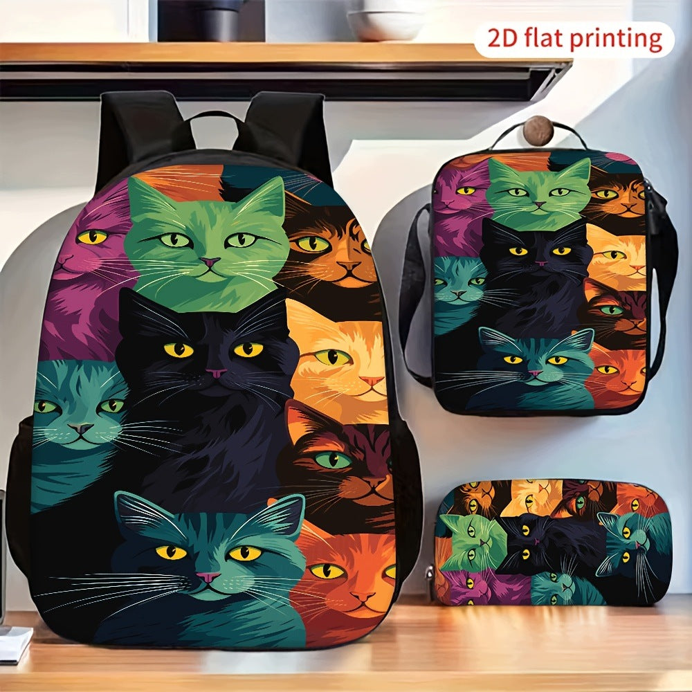 Colorful Cats Pattern Print 3-Piece Backpack Set with Lunch Bag and Pencil Case