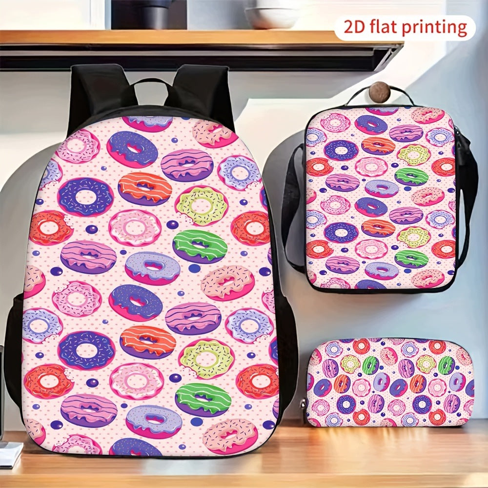 Colorful Donut Print 3-Piece Large Capacity Casual Backpack Set