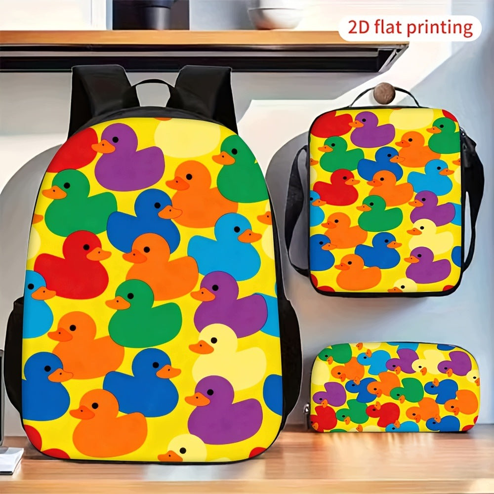 Colorful Duck Pattern Print Backpack Set with Crossbody Bag and Pencil Case
