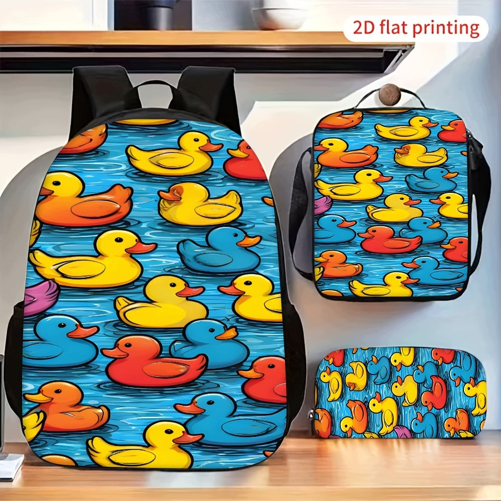 Colorful Ducks Pattern 3-Piece Backpack Set - Casual with Lunch Bag
