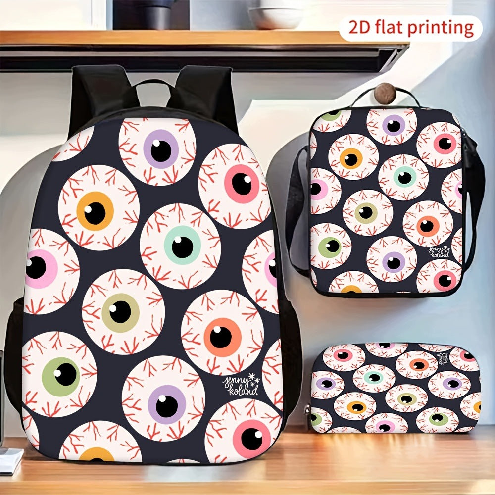 Colorful Eyeball Pattern Backpack Set with Crossbody Bag and Pencil Case