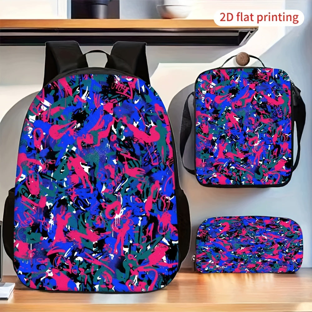 Colorful Graffiti Splash Backpack Set with Large Capacity Lunch Bag