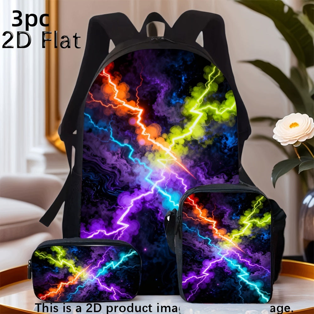 Colorful Neon Lightning Print 3-Piece Backpack Set - Trendy Pattern