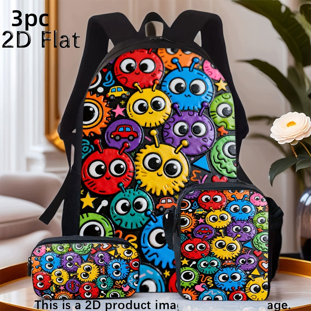 Colorful Print Bookbag Backpack Set with Purse and Pencil Case, Adjustable