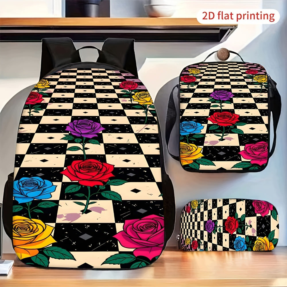 Colorful Rose Checkerboard Backpack Set with Storage Bag and Pencil Case