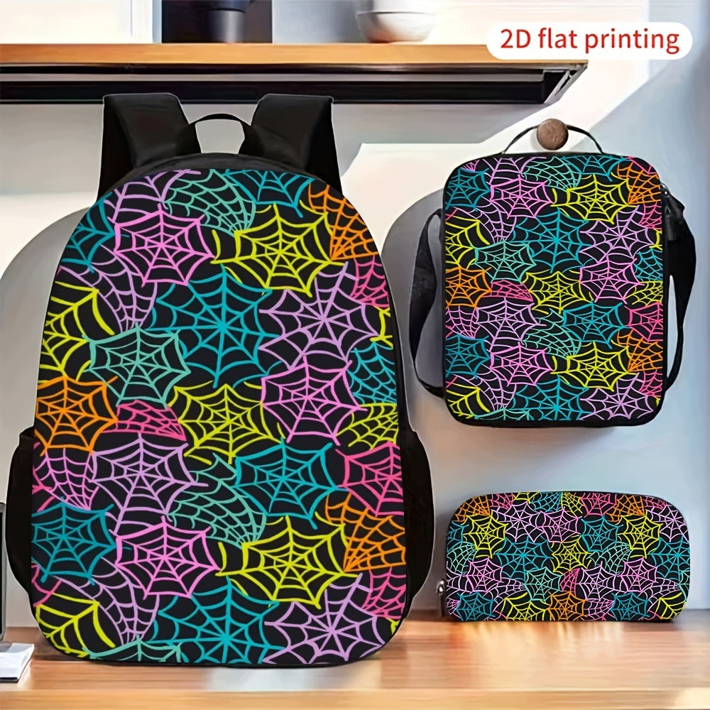 Colorful Spider Web Print Backpack Set with Shoulder Storage Pouch