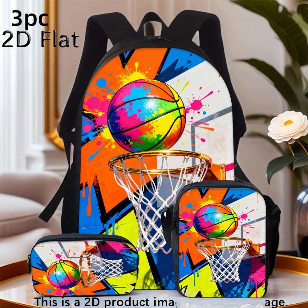 Colorful Splash Graffiti Basketball Pattern Backpack Set Crossbody Bag Pencil Case