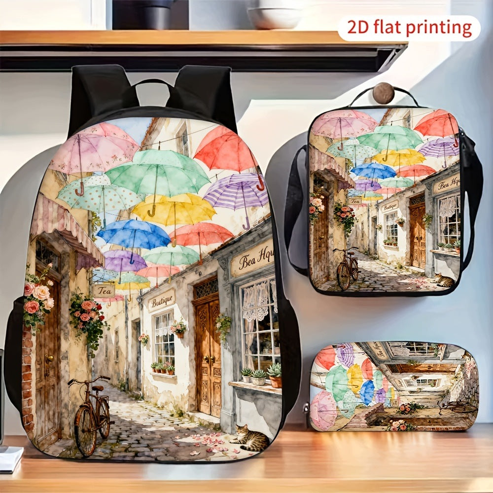 Colorful Umbrella Street Art Print 3-Piece Backpack Set
