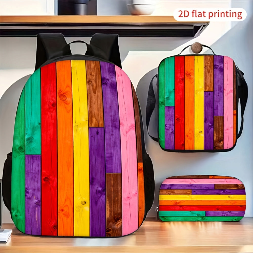Colorful Vertical Stripe 3-Piece Backpack Set with Crossbody Bag and Pencil Case