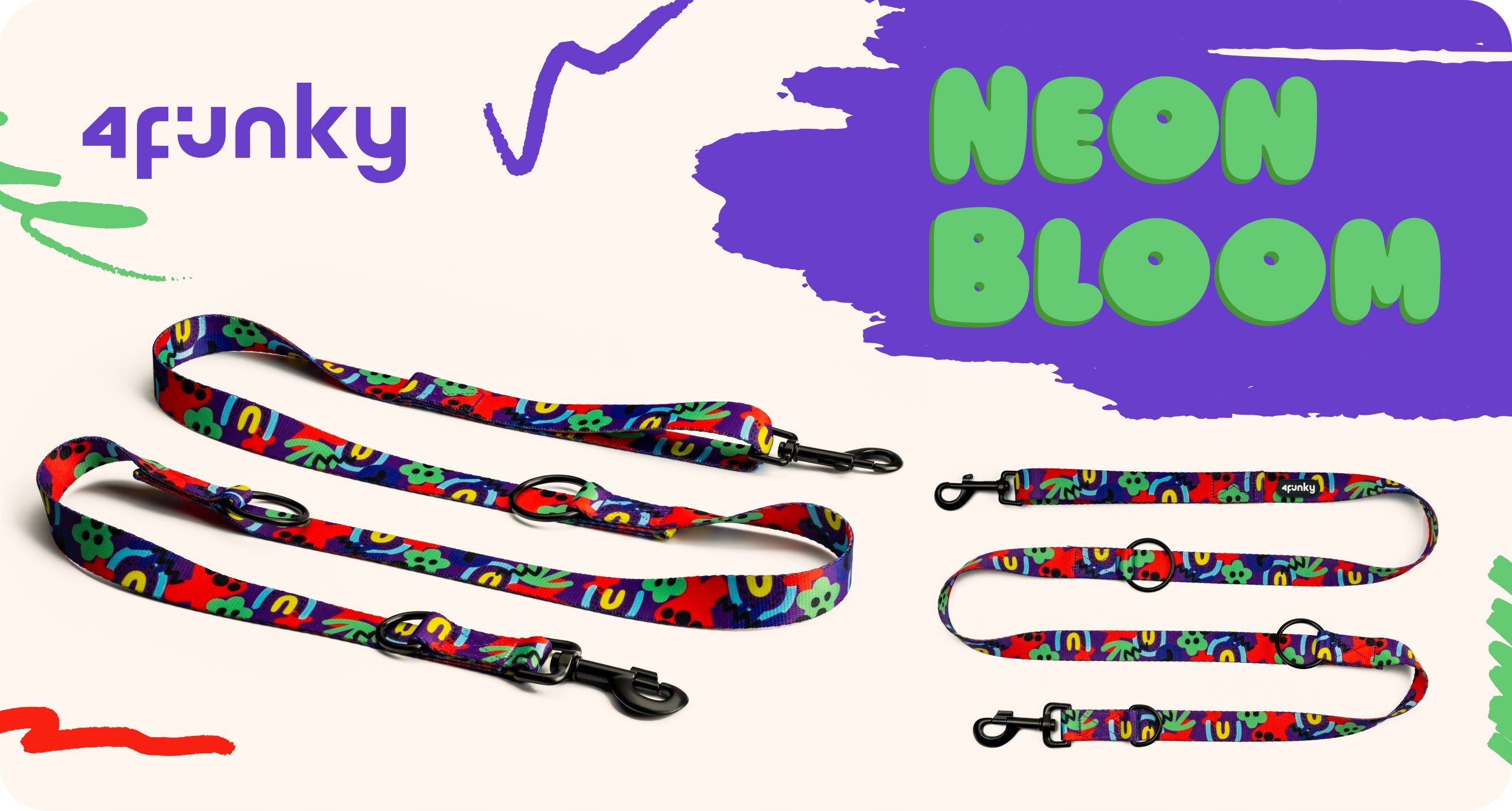 Colorful adjustable leash for dog 4 Funky Neon Bloom 2,5 cm / 300 cm –L/XL Material tape