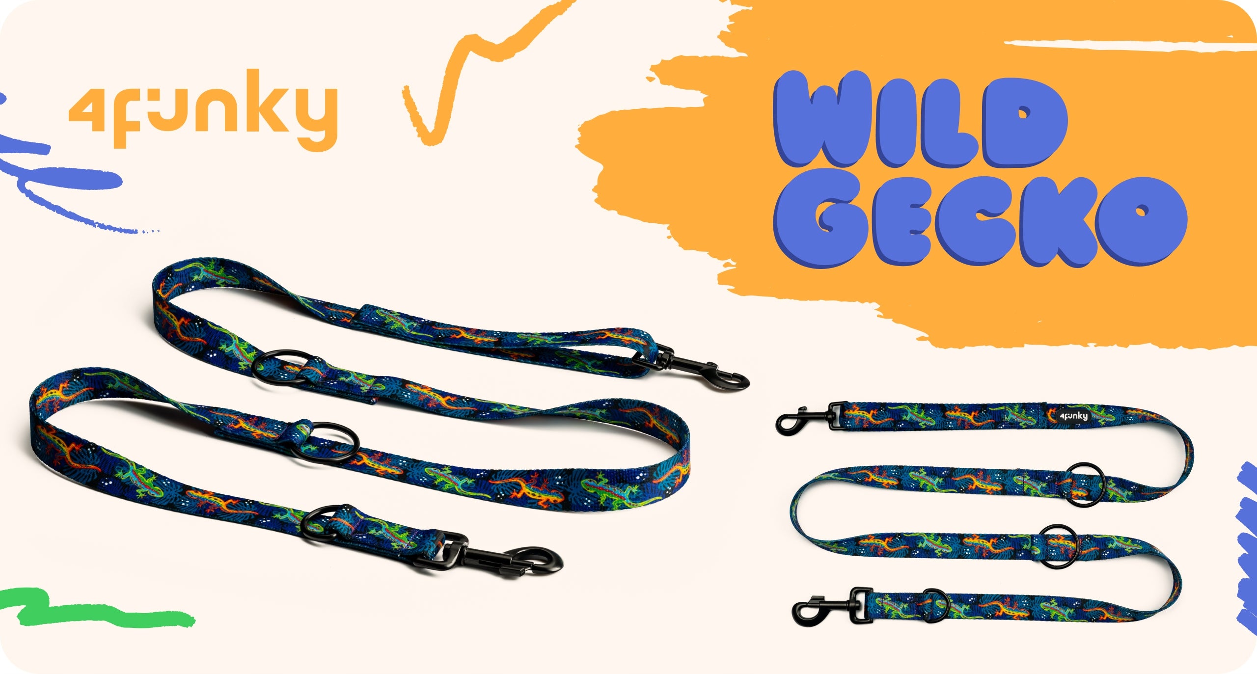 Colorful adjustable leash for dog 4 Funky Wild Gecko 1,6 cm / 300 cm – S/M Kind detachable