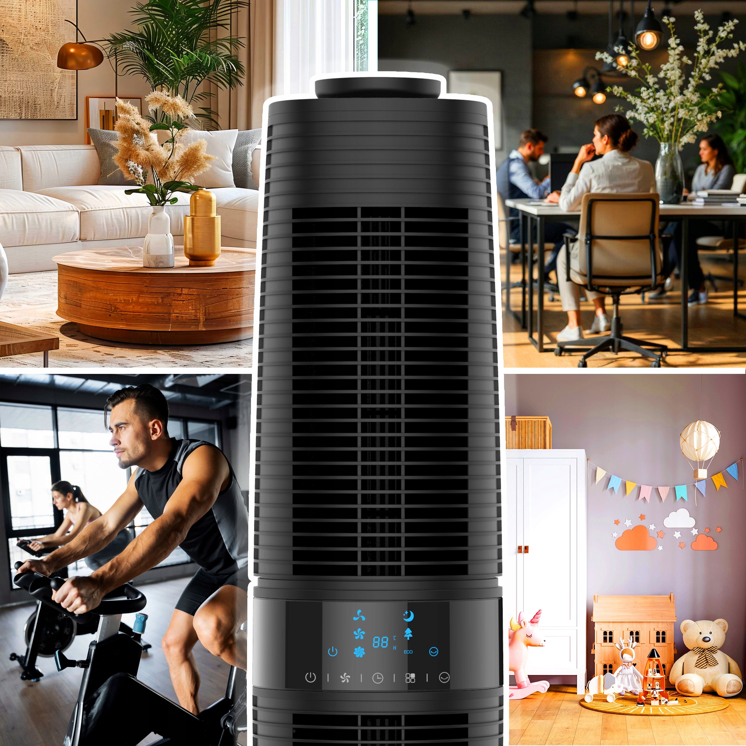Column Fan TWO SEPARATE AIRFLOW ZONES 7m/s Remote Control 97cm Quiet XXL Dominant color black