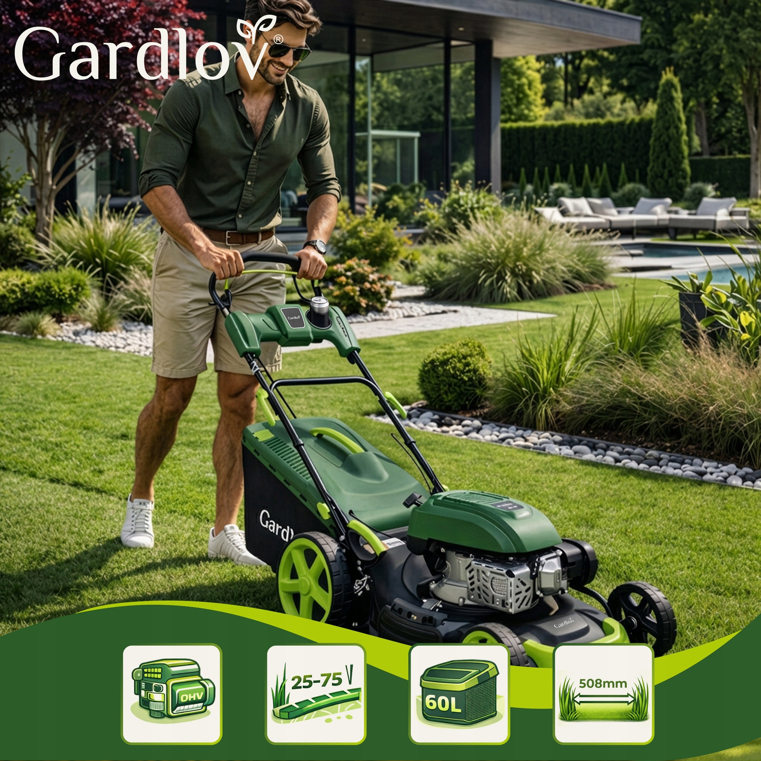 Combustion mower with Drive 51cm Strong196cc Grass 4in1 Mulching 60l Series Kosiarka Spalinowa z Napędem DriveXPro