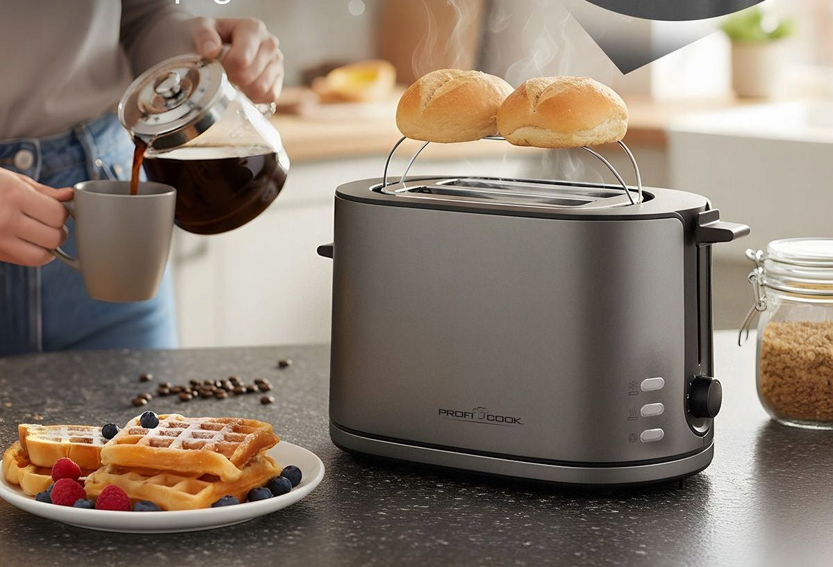Compact 950W toaster for 2 slices with built-in bun heater Strong Power rating 800 W