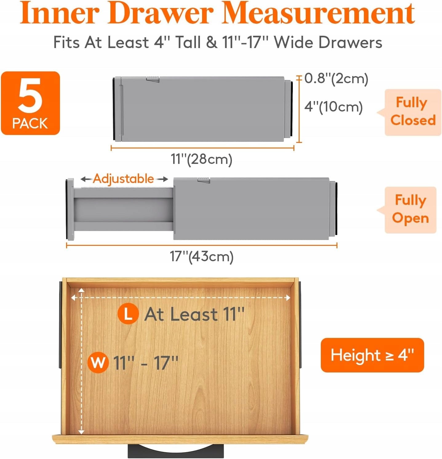 Compartments separators for cabinet drawers 28-43cm height 10cm - 5 pcs - GREY Manufacturer code ORGANIZER 4X28