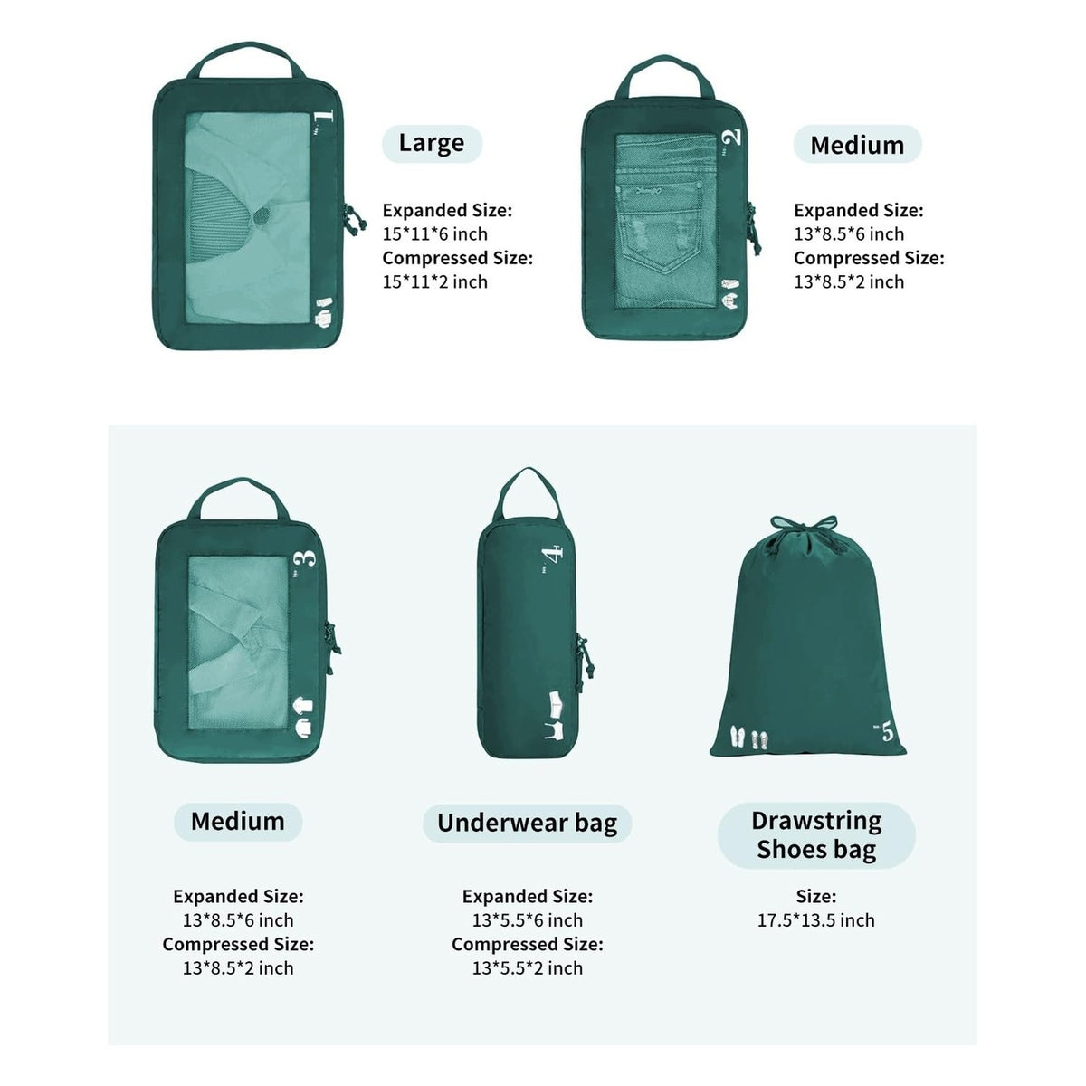 Compressie Packing Cubes Set - Luggage Organizer - 5 Pieces Color transparent