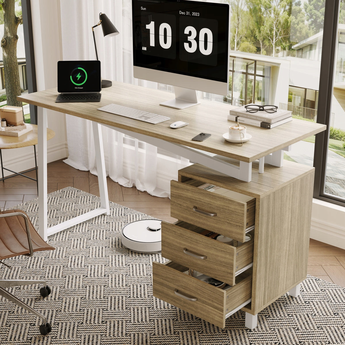 Computer Desk 130x55x75cm MDF Steel 3 Drawers Oak White Loft Manufacturer code N877P419823N