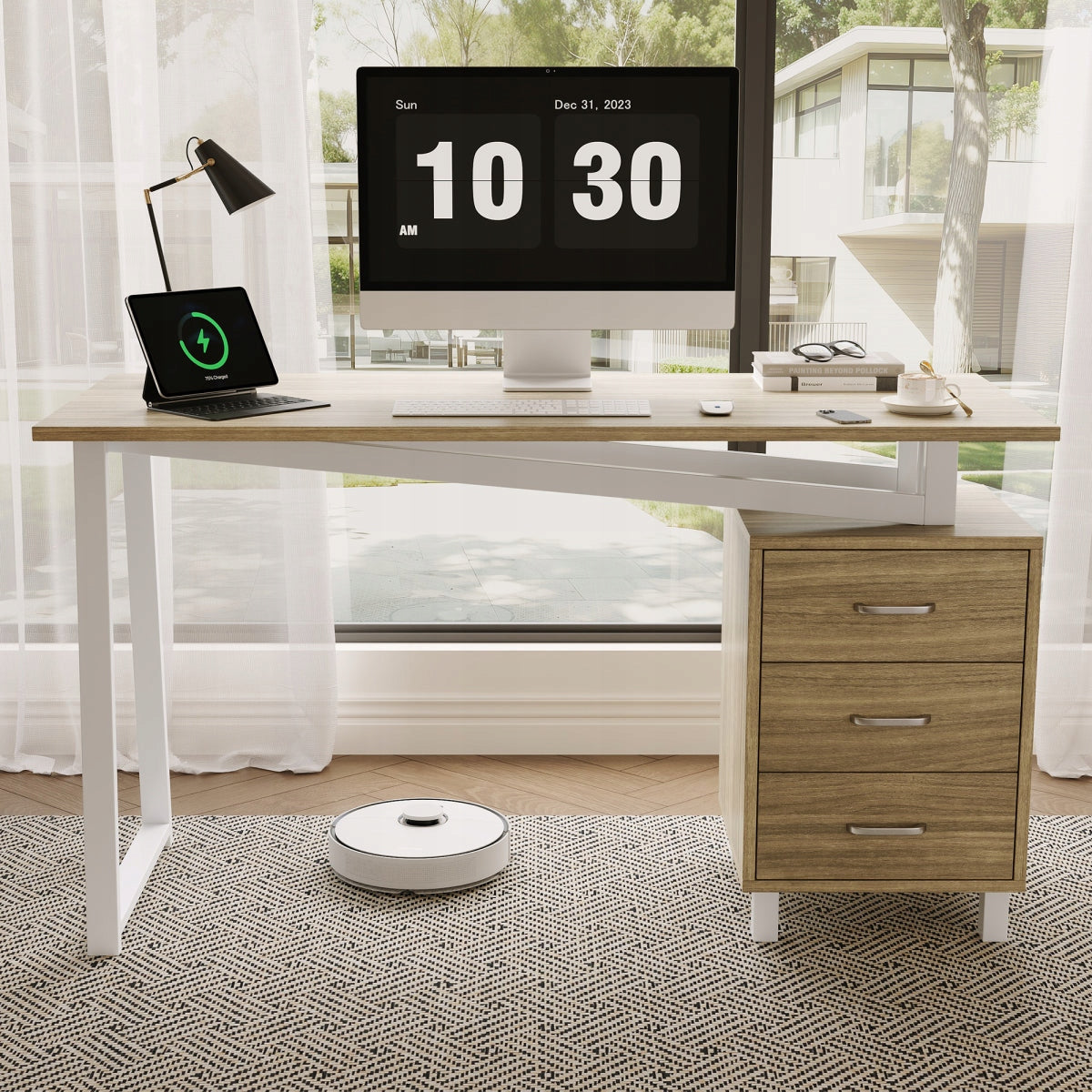 Computer Desk 130x55x75cm MDF Steel 3 Drawers Oak White Loft