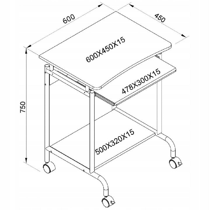 Computer Desk Table on wheels with shelves 600x450 White Techly Brand Techly