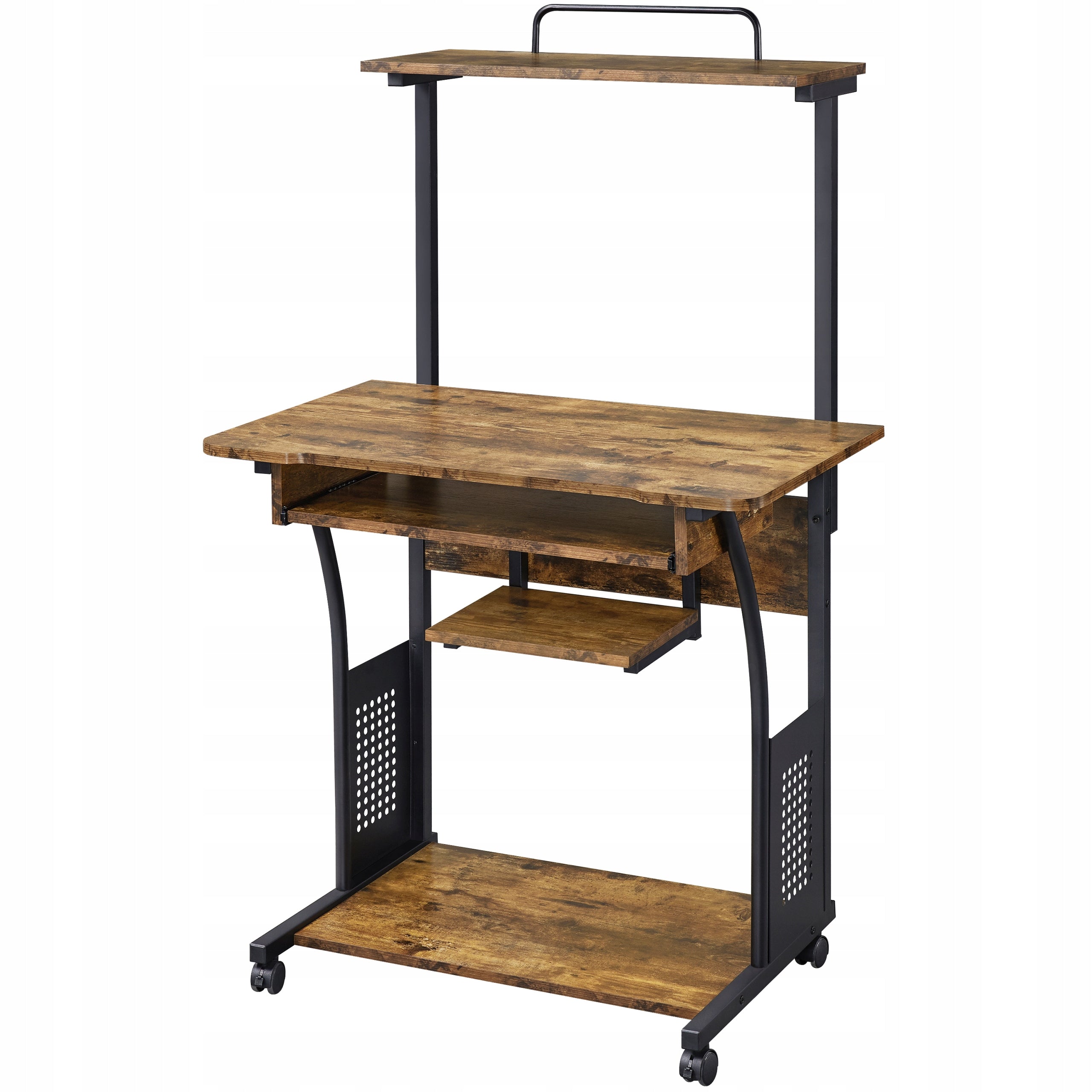 Computer Desk on Wheels Mobile, with Shelf, 3-Tier, Brown Furniture color Dark wood