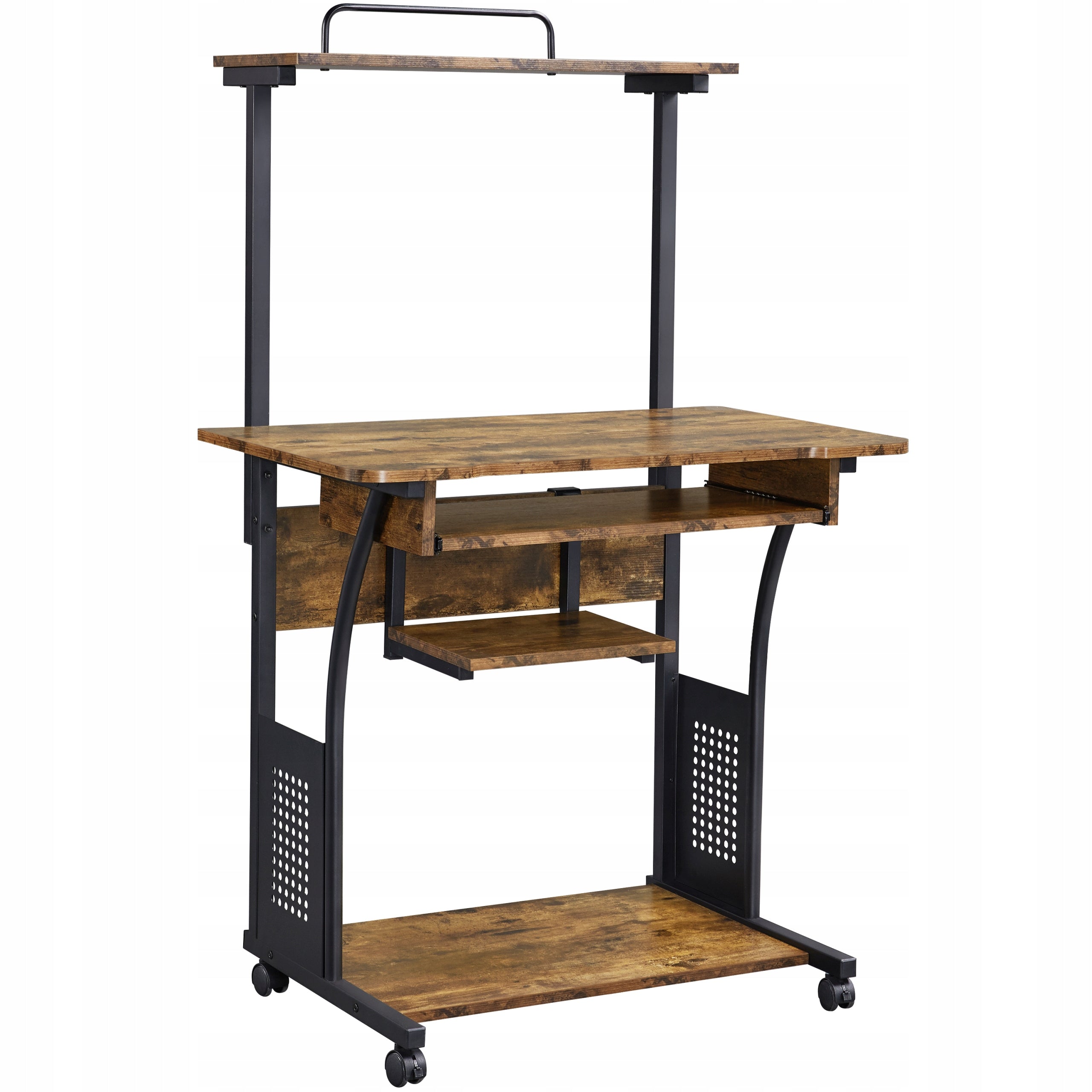 Computer Desk on Wheels Mobile, with Shelf, 3-Tier, Brown Packaging status original
