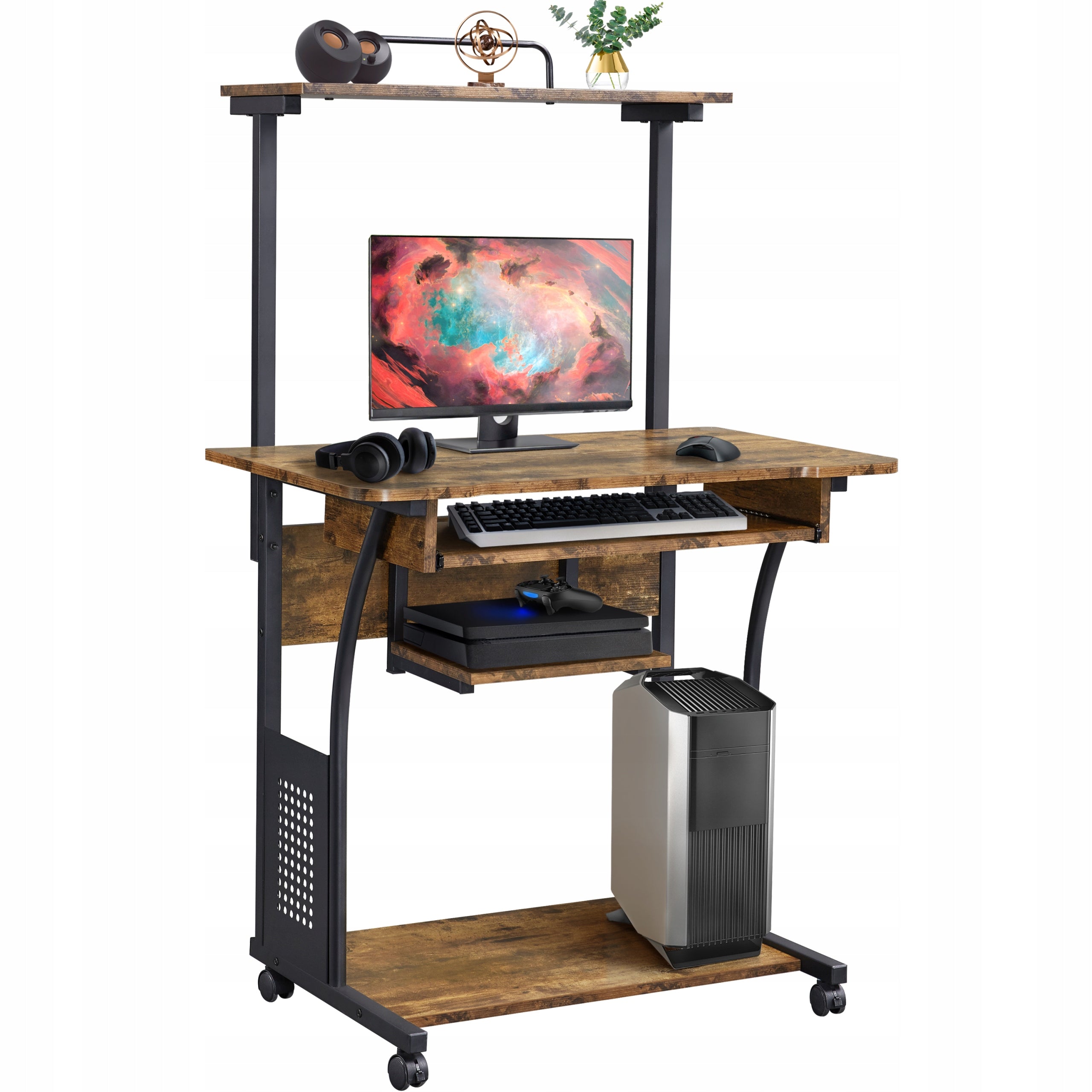Computer Desk on Wheels Mobile, with Shelf, 3-Tier, Brown