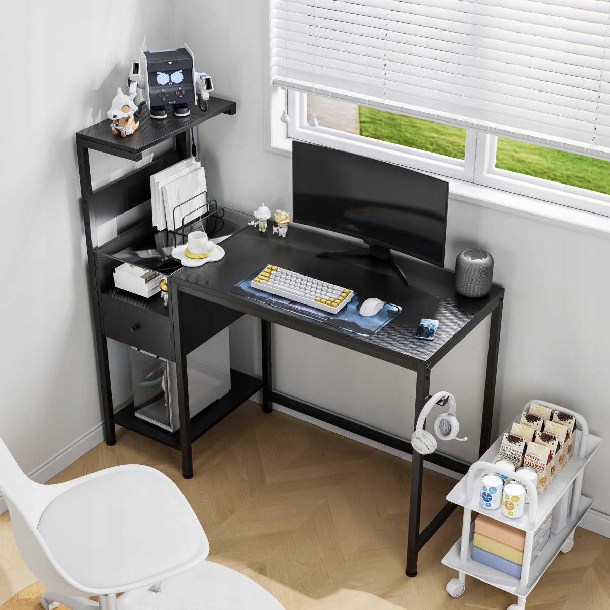 Computer Gaming Desk LED USB Sockets Bookcase Black 122x51x111cm Furniture color black