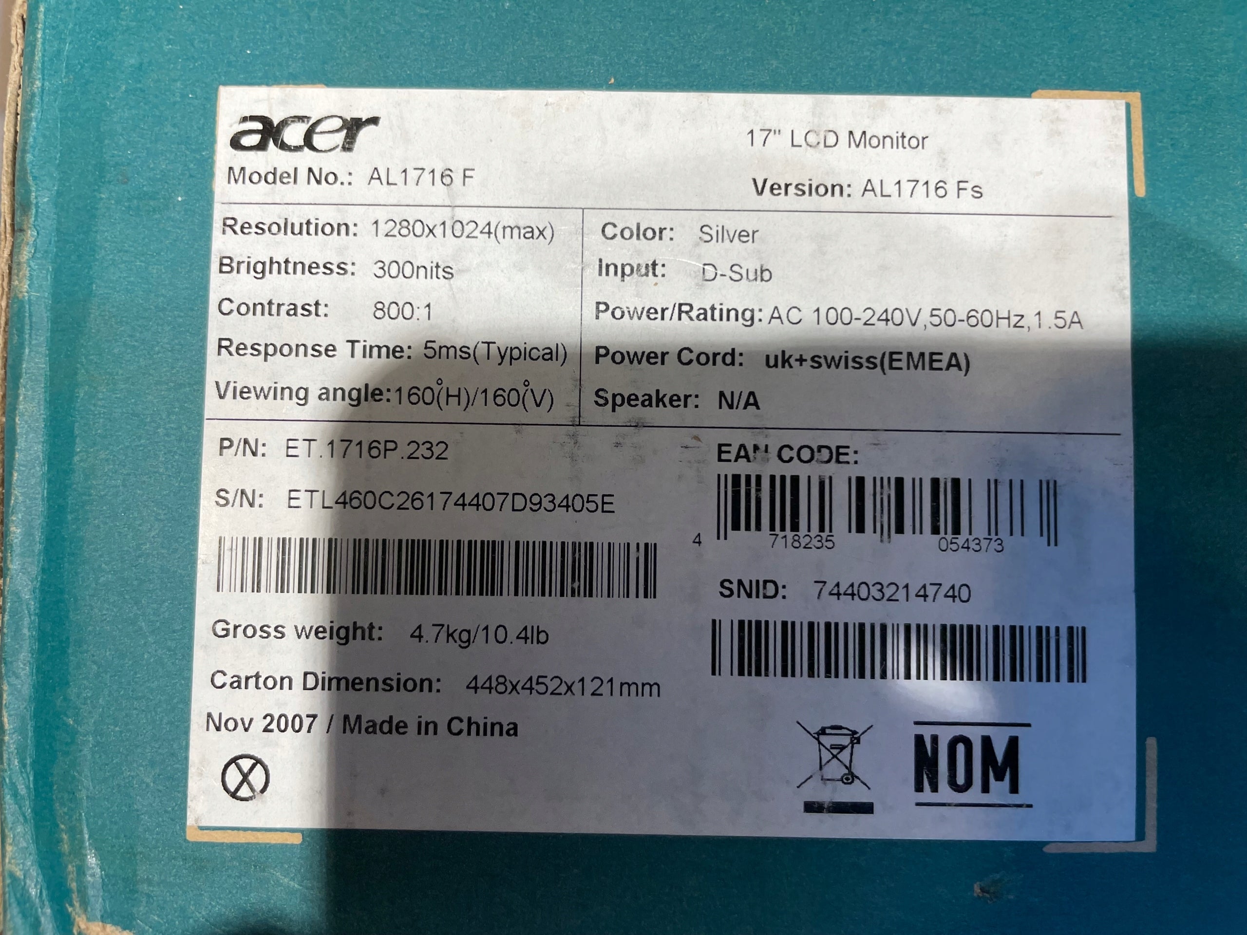 Computer Monitor ACER AL1716fS | BRAND NEW | Brand Acer