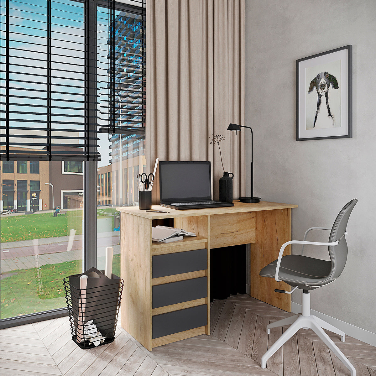 Computer desk oak craft + black with drawers 110 cm – KOMTO Manufacturer code p-186-1351