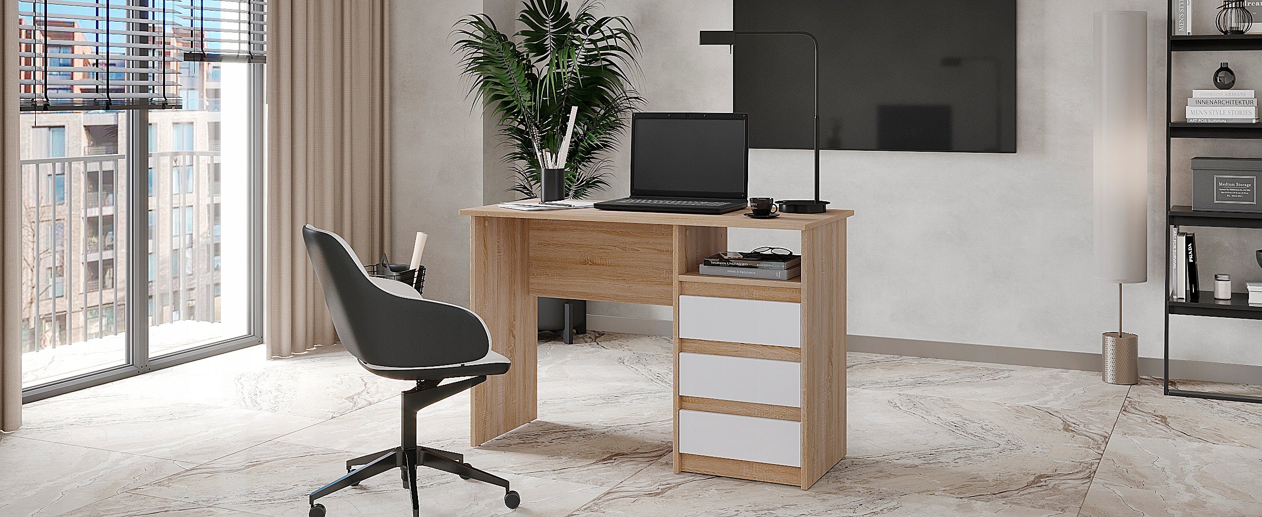 Computer desk sonoma oak + white with drawers 110 cm – KOMTO Manufacturer code p-186-290