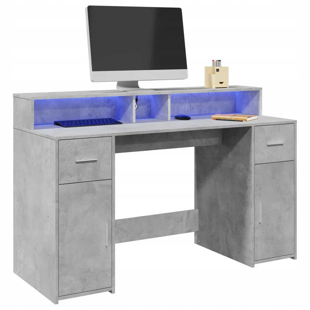 Computer desk with RGB LED lighting, shelves and drawers, grey be Furniture color gray