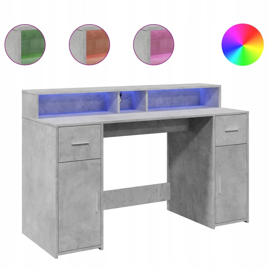 Computer desk with RGB LED lighting, shelves and drawers, grey be