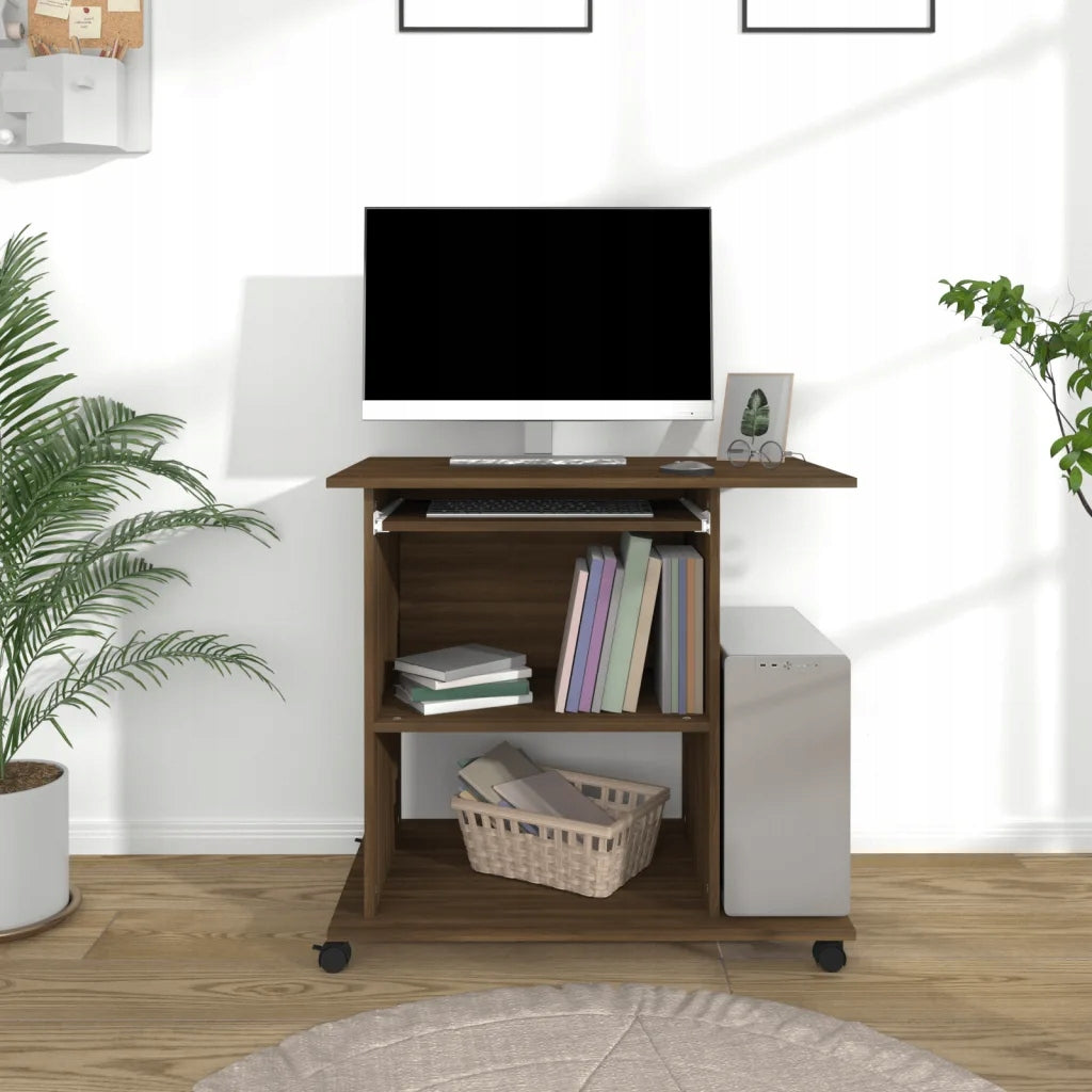 Computer desk with shelves and wheels, brown oak, 80x50x75 cm Furniture color shades of brown