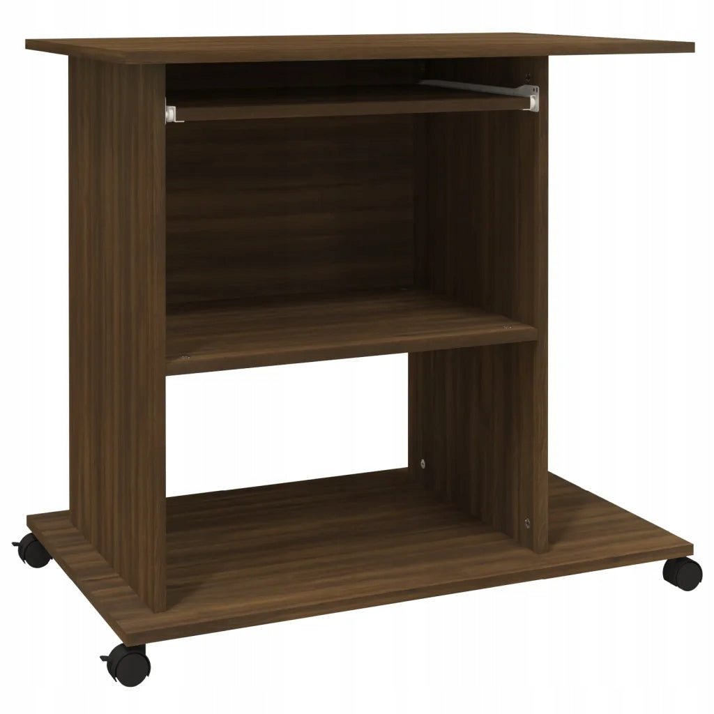 Computer desk with shelves and wheels, brown oak, 80x50x75 cm