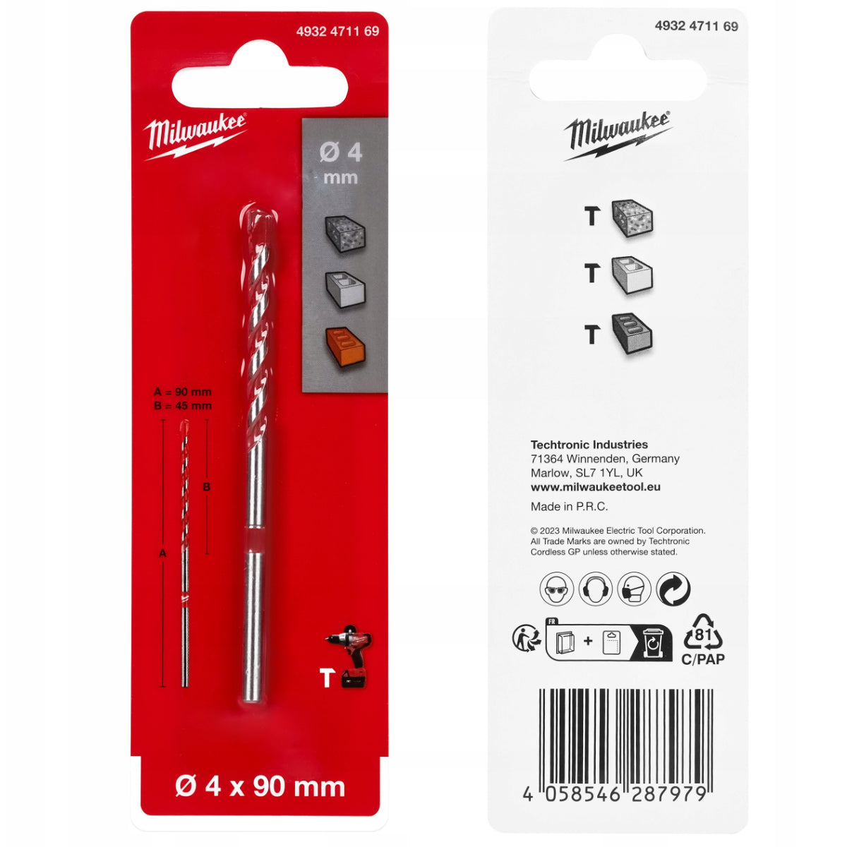 Concrete Drill Bit 4 x 45/90 mm 1 pc Milwaukee Premium Cylindrical Packaging status original