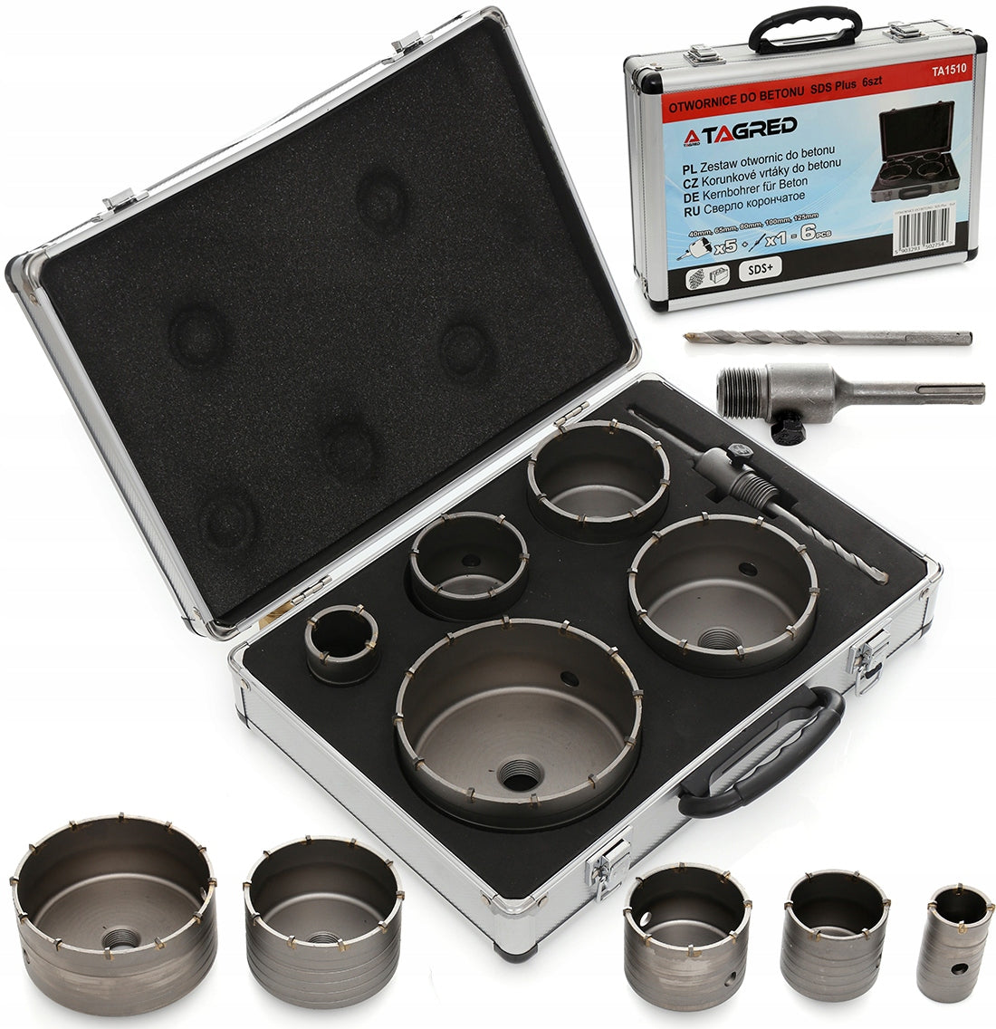 Concrete masonry hole saw Set 7el SDS+ IN CASE 40 65 80 100 125mm STRONG