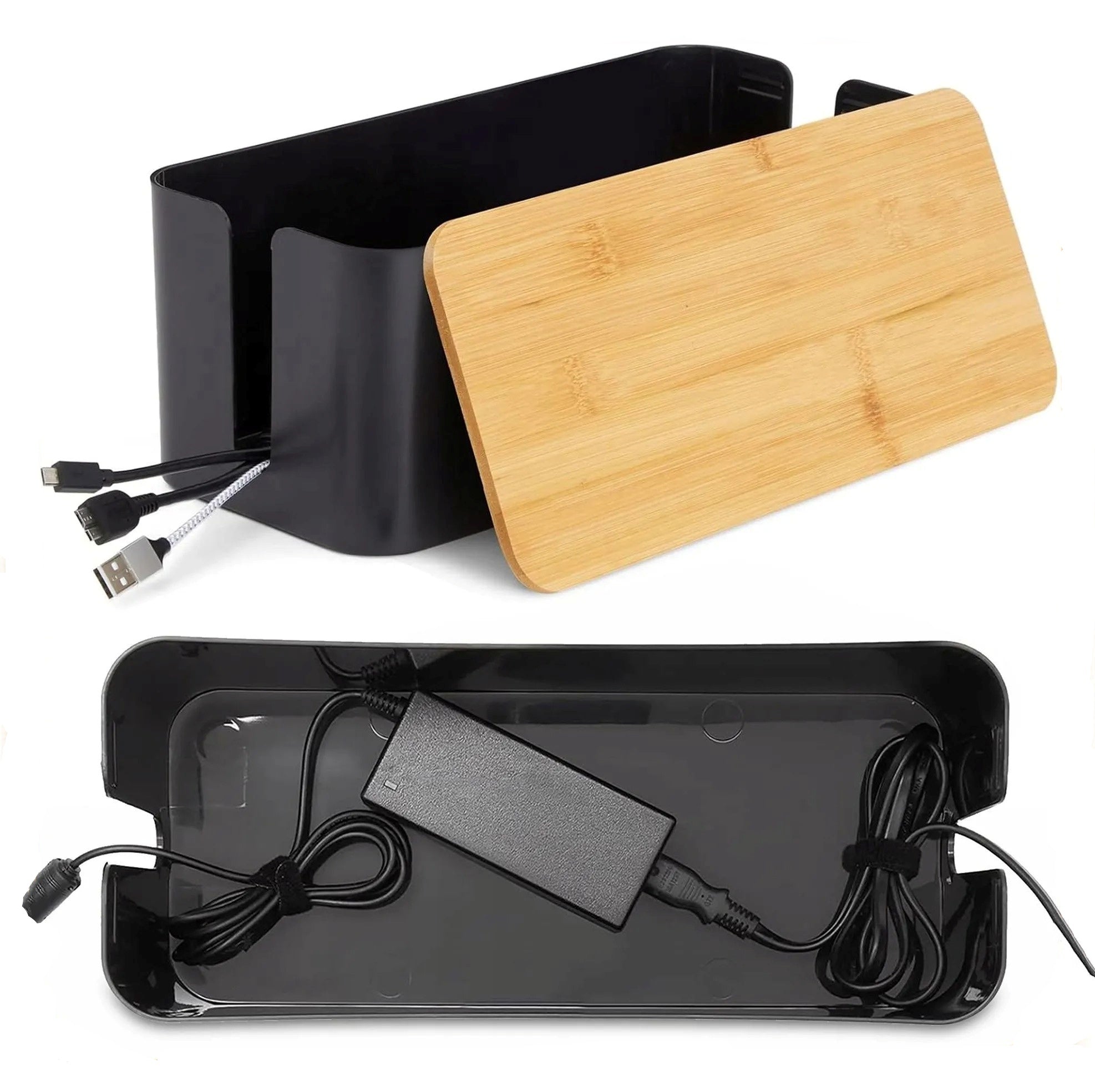 Container Cable Organizer Wires Extension Cord Charger Black Bamboo D8