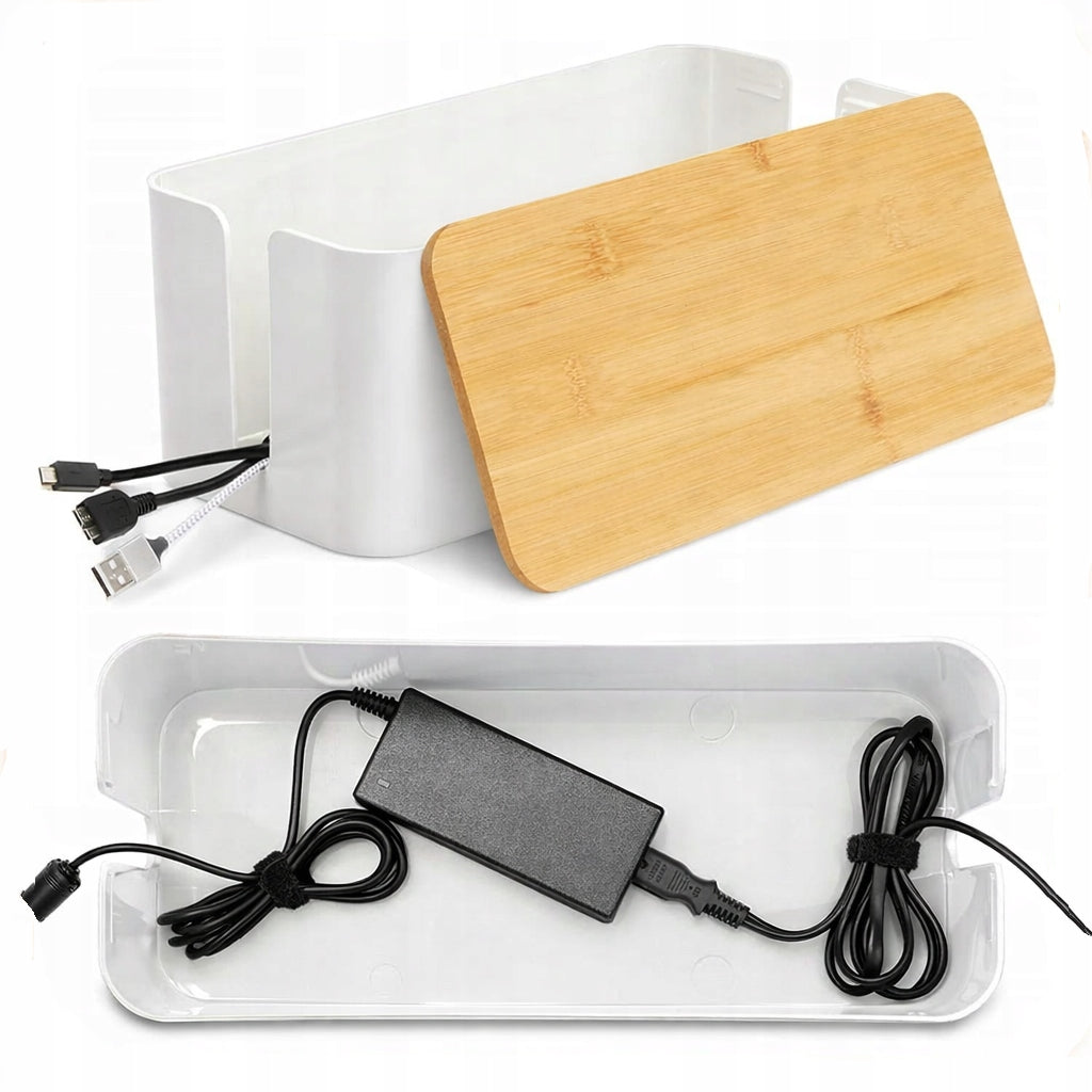 Container Cable Organizer Wires Extension Cord Chargers White Bamboo D07