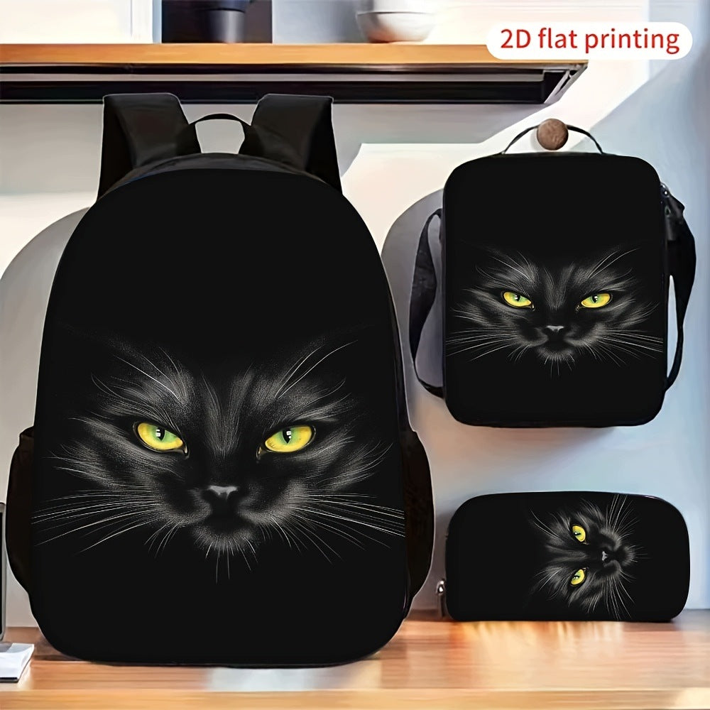 Cool Black Cat Pattern 3-Piece Backpack Set with Crossbody Bag and Pencil Case