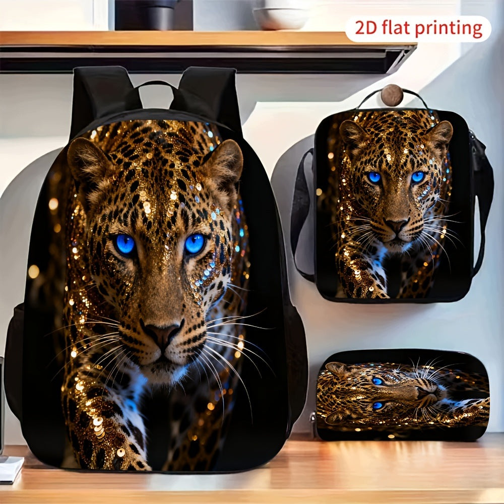 Cool Blue Eyed Leopard Print 3-Piece Backpack Crossbody Set