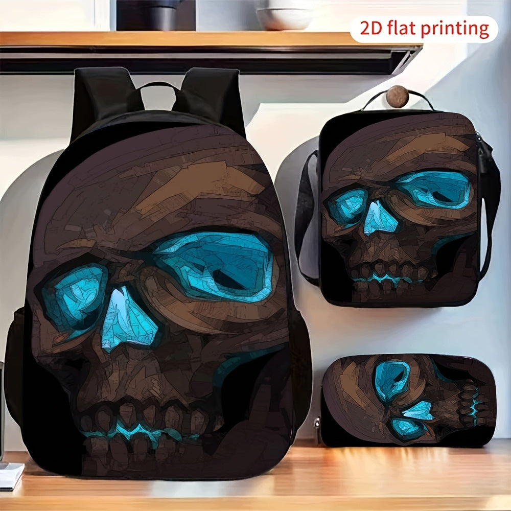 Cool Brown Skull Graphic Backpack Set with Shoulder Bag